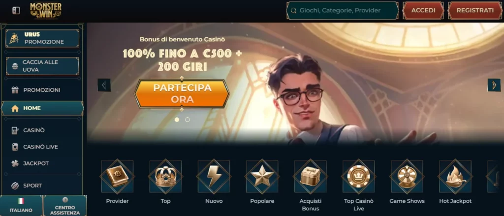 MonsterWin Casino Italia — Interfaccia della pagina principale
