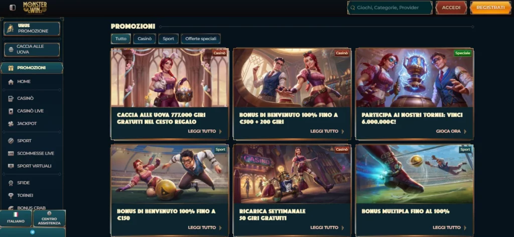 Bonus senza deposito MonsterWin — offerta esclusiva per l'Italia