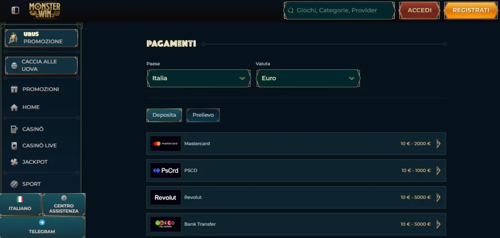 Metodi di pagamento su Casino MonsterWin Italia