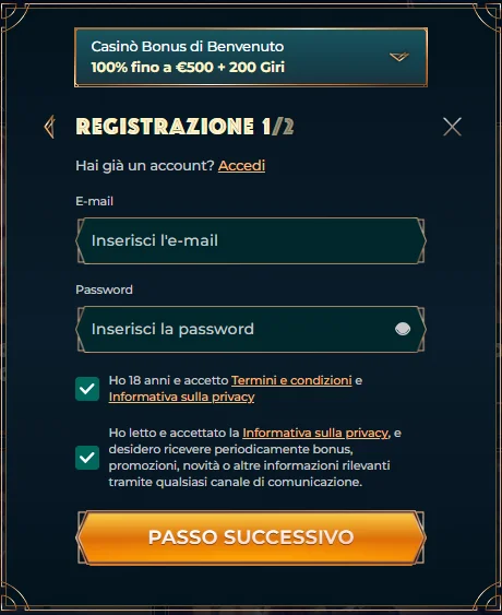 Registrazione MonsterWin — modulo di iscrizione per nuovi giocatori
